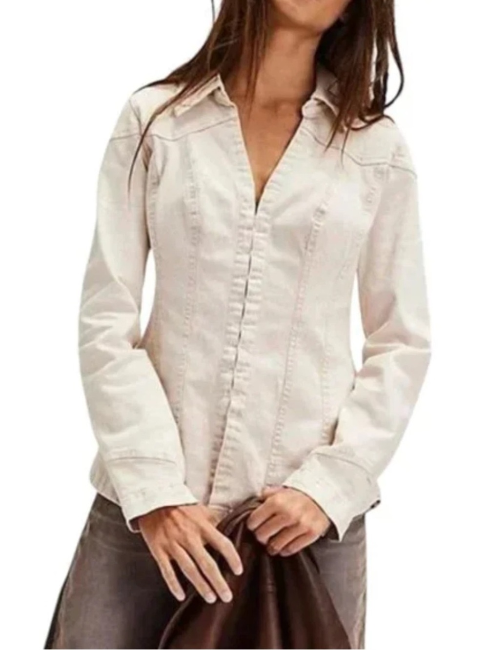 Free People Kenny Slim Denim Tunic Top Jacket Western Shirt Sz XL Fitted Crème